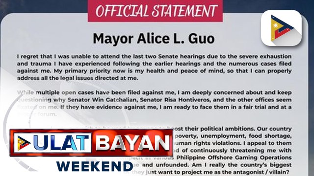 Suspended Bamban Mayor Alice Guo, naglabas ng hinaing sa kanyang FB account; Guo, itinangging dawit siya sa umano'y banta sa buhay na natanggap ni Sen. Gatchalian