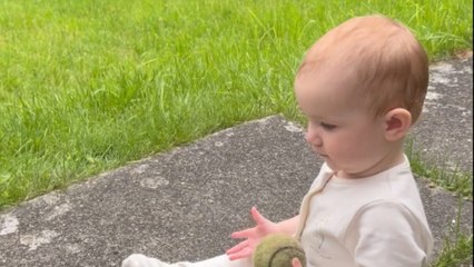 Baby tries to throw a ball for the dog with dad's assistance