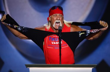 Hulk Hogan rips shirt off during a speech and demands Trump return to the White House