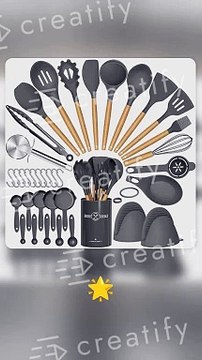 Umite Chef Kitchen Cooking Utensils Set, 33 pcs Non-stick Silicone Spatula Set with Holder, Woodle Handle Heat Resistant Gadgets Utensil (Gray)