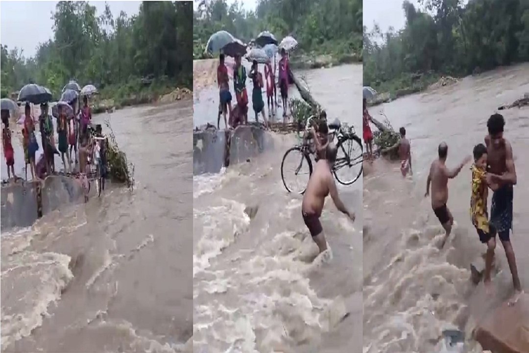 जान जोखिम में डाल उफनती नदी पार करते हैं ग्रामीण