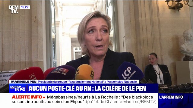 Marine Le Pen se dit outrée par l'absence d'élus RN aux postes-clés de l'Assemblée nationale