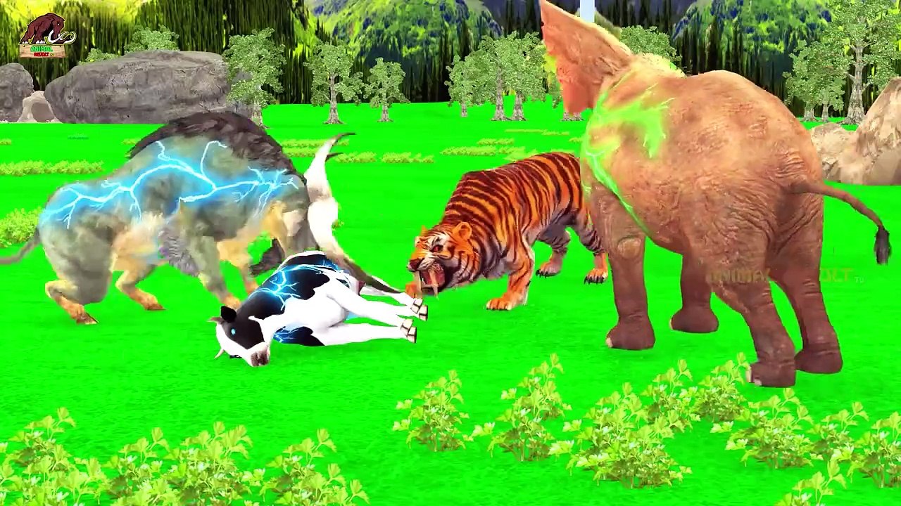 3_Zombie_Cows_Vs_3_Zombie_Buffalos_Fight_Tiger_Chase_Cow_Cartoon_Saved_by_Woolly_Mammoth_Elephant(720p)