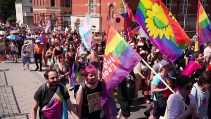 LGBTQ+ supporters march through far-right German town