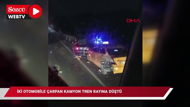 Ankara yolunda iki otomobile çarpan kamyon tren rayına düştü