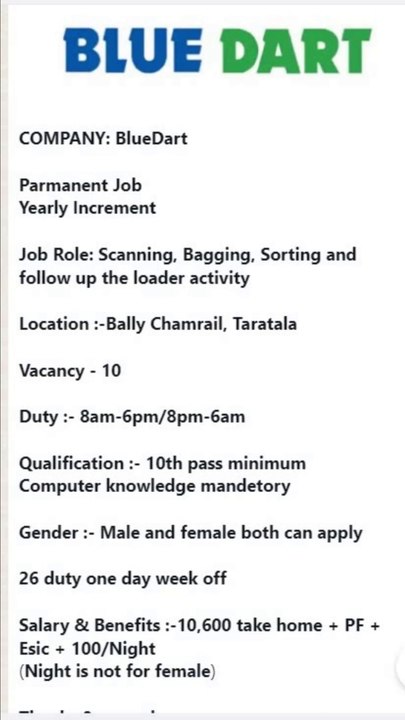 Blue Dart | Private job 2024 | Blue Dart Company Job Vacancy 2024 | Parmanent Job Requirements
