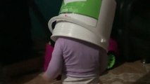 Little girl’s fun with basket hat ends in tumble and quick recovery