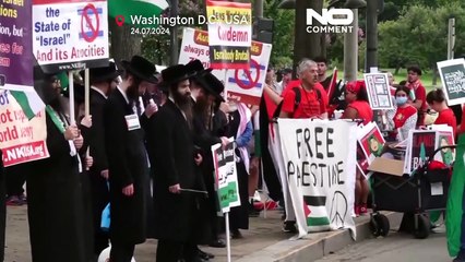 Manifestantes aguardam a chegada do primeiro-ministro israelita Netanyahu a Washington