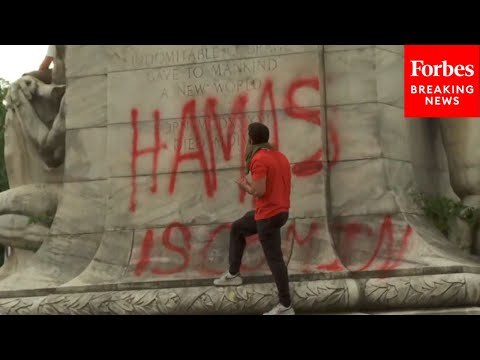 SHOCK MOMENT: Pro-Palestinian Protestor Defaces Christopher Columbus Statue With Pro-Hamas Message