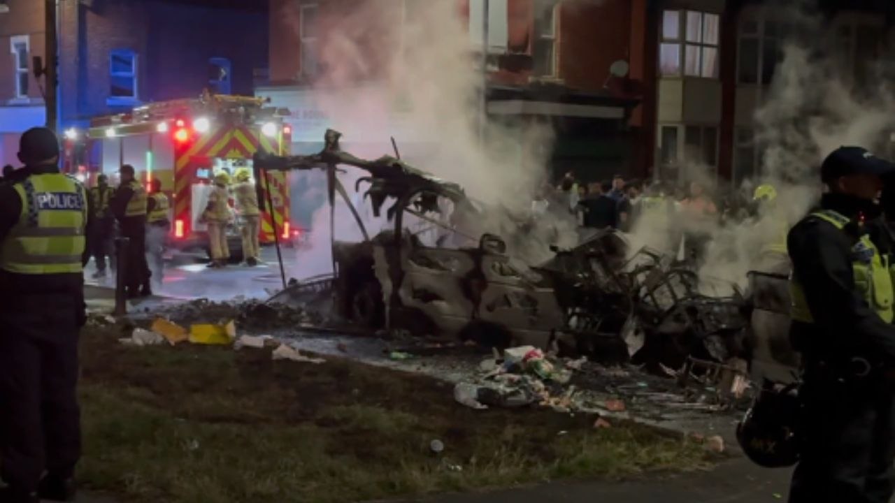 Shattered glass & scorched wreckage baffle couple in the aftermath of Leeds riot