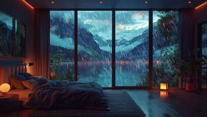 cozy room||Large Glasses Window Overlooking Forest In RainRelaxing Fireplace Sound, Soft Rain #rain