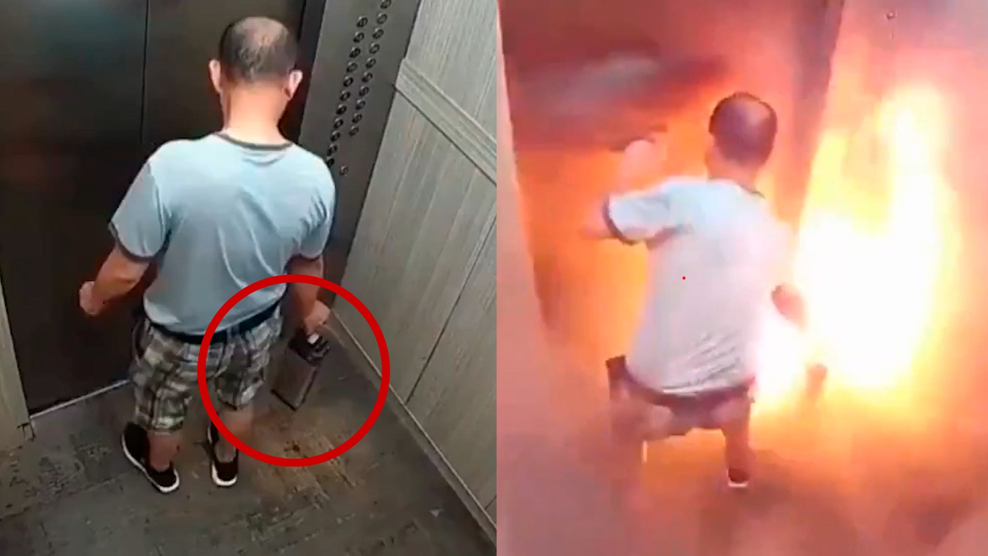 China: Cmara de seguridad capta la muerte de un hombre luego de que la batera de litio que portaba explotara dentro de un elevador