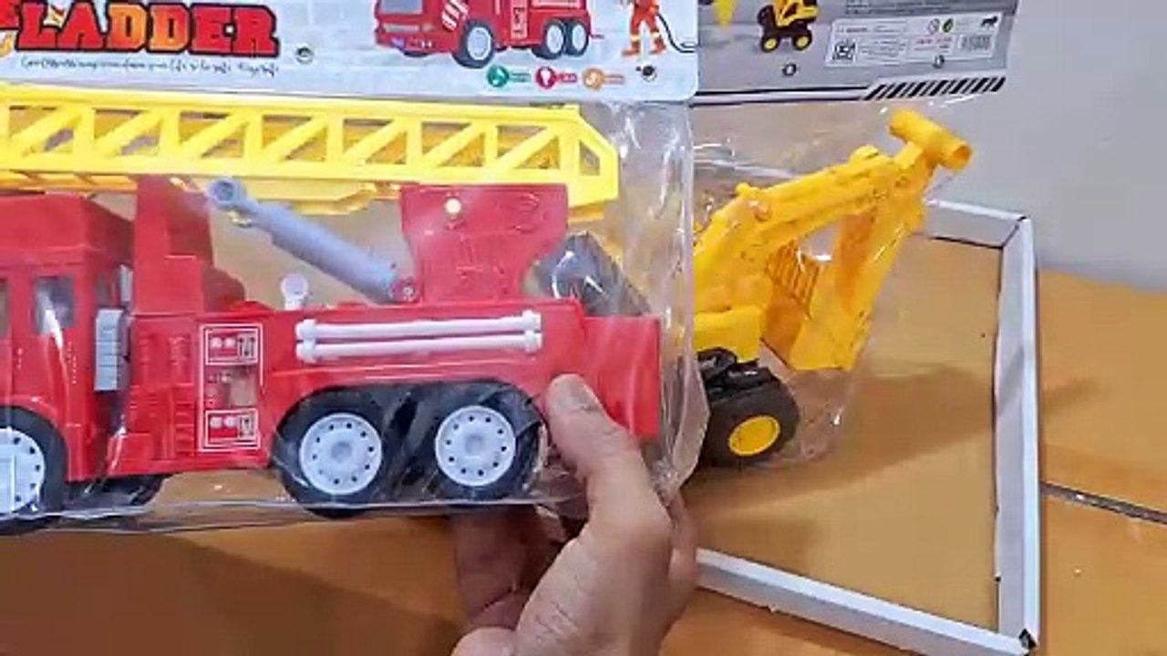Unboxing and Review of JCB and Big Size Friction Powered Realistic Fire Rescue Truck Toy with Light and Music