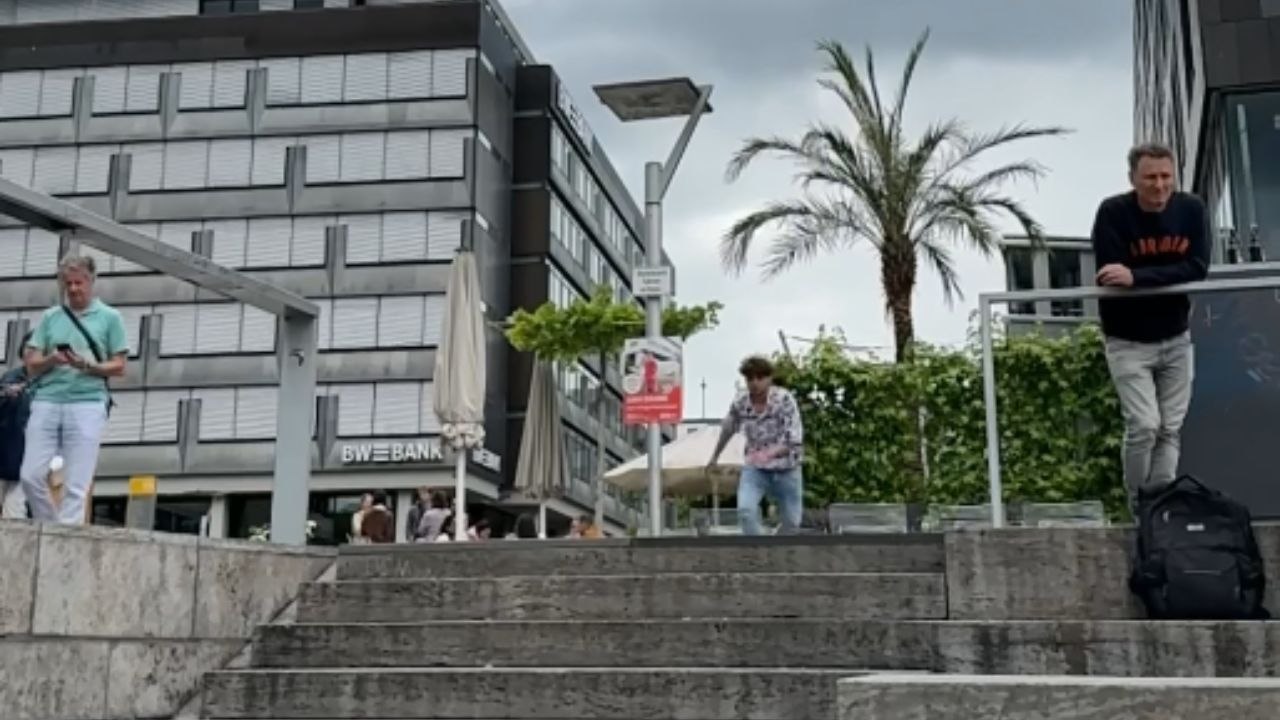 Roller skating expert's backward stair descent mishap