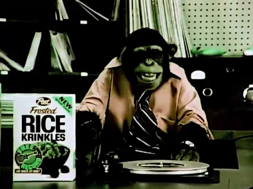 1960s "The Monkees" Post cereal TV commercial - record being played by chimp disc jockey
