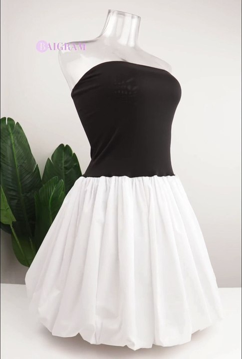 Women Strapless Tube Top Dress Bubble Skirt Cute Summer Mini Short Dresses Bandeau Corset Dress Casual