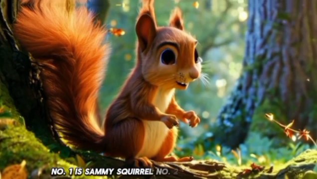 Sammy the Squirrel and the Bluebird Sammy, a curious squirrel with a bushy tail, heard a bluebird's cry for help. He bravely freed the bird from a vine tangle, and they became the best of friends, spreading kindness throughout the magical forest.