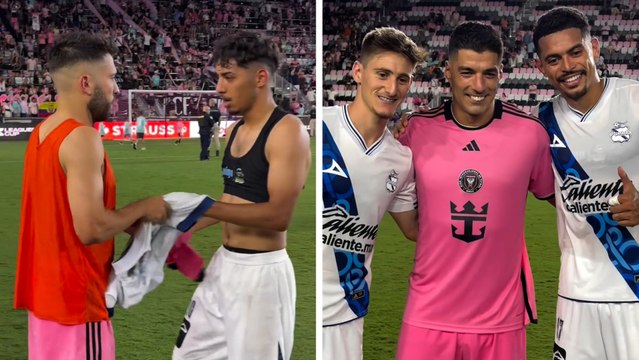 Luis Suárez y Jordi Alba no pierden la oportunidad de llevarse una playera del Puebla tras victoria de Inter Miami en Leagues Cup