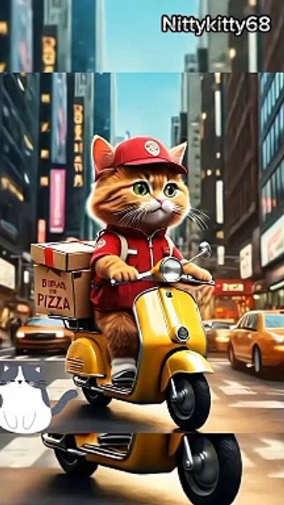 Cat deliver pizzza .cat doing job of delivery pizza boy, pizza lovers be ready