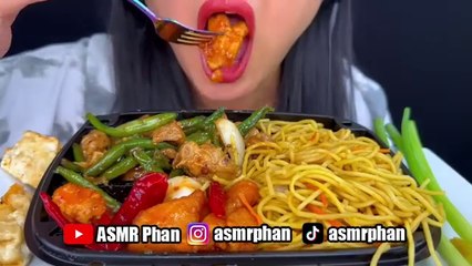 SPICY ORANGE CHICKEN, NOODLES & GREEN BEANS | ASMR | EATING SOUNDS | MUKBANG
