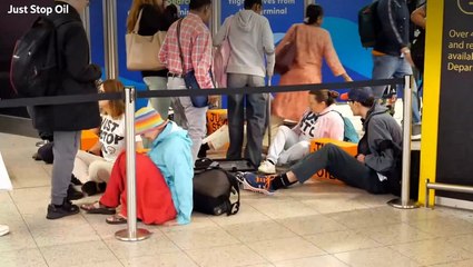 Download Video: Gatwick passengers step over Just Stop Oil activists blocking airport entrance