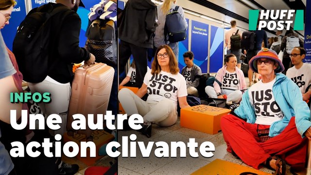 À l’aéroport de Gatwick, ces passagers ont dû enjamber des militants écologistes avant l’embarquement