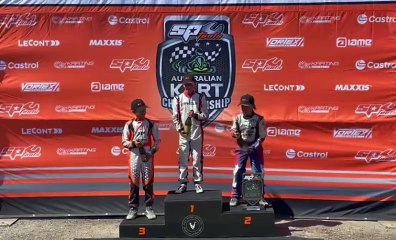 11 year-old Archie Bristow celebrates a win in round four of the cadet 12 Australian Kart Championships. Video supplied