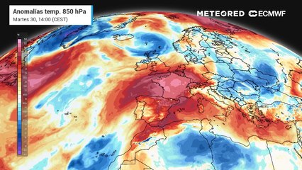 Anomalía de temperatura prevista a unos 1600 metros para los próximos días.