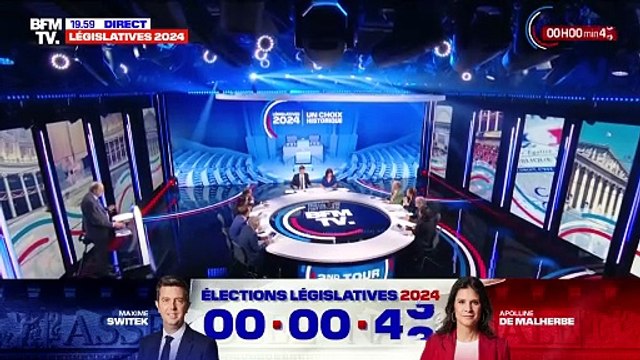 Apolline de Malherbe et Maxime Switek annoncent les résultats du second tour des législatives 2024 le dimanche 7 juillet sur BFMTV.