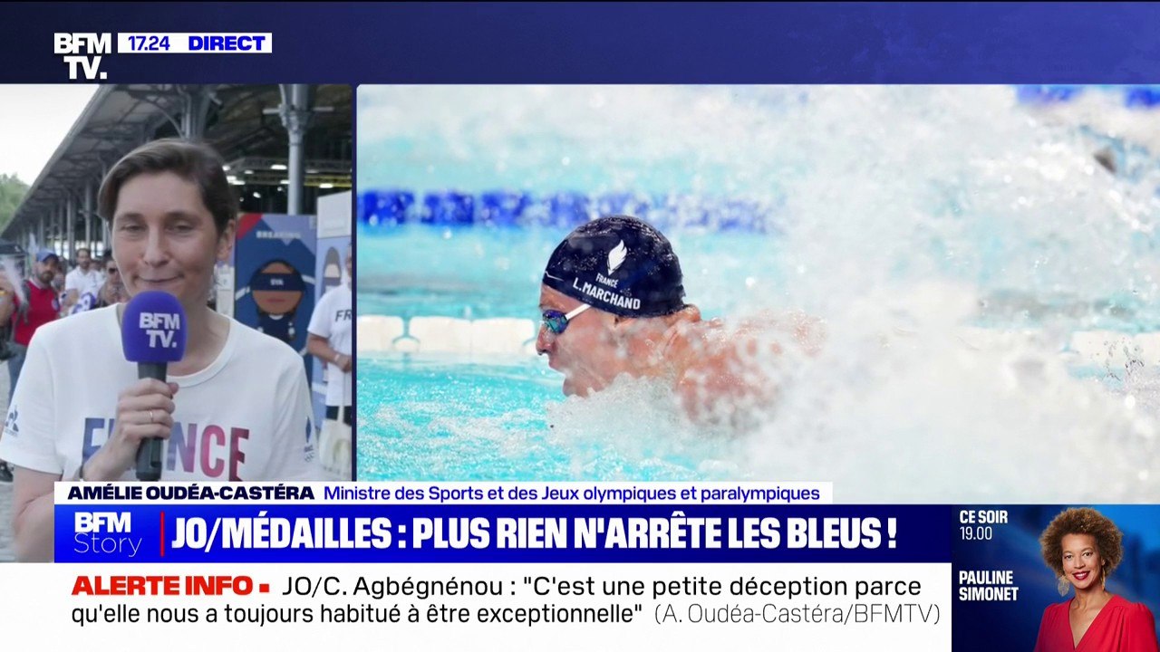 JO 2024: la ministre démissionnaire des Sports, Amélie Oudéa-Castéra, salue "l'enthousiasme" du nageur français médaillé d'or Léon Marchand