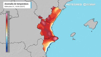 Anomalía de temperatura prevista para los próximos días en la Comunidad Valenciana.