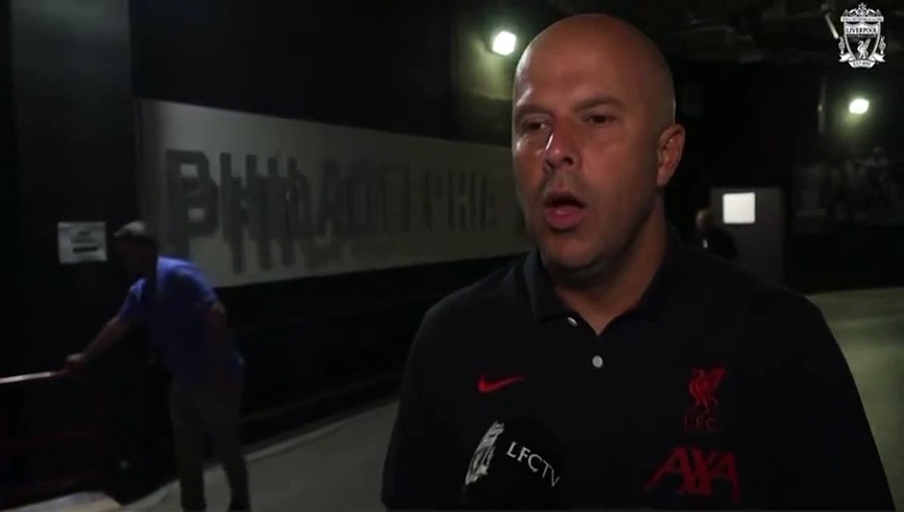 Arne Slot reacts to the Reds' victory over Arsenal in Philadelphia