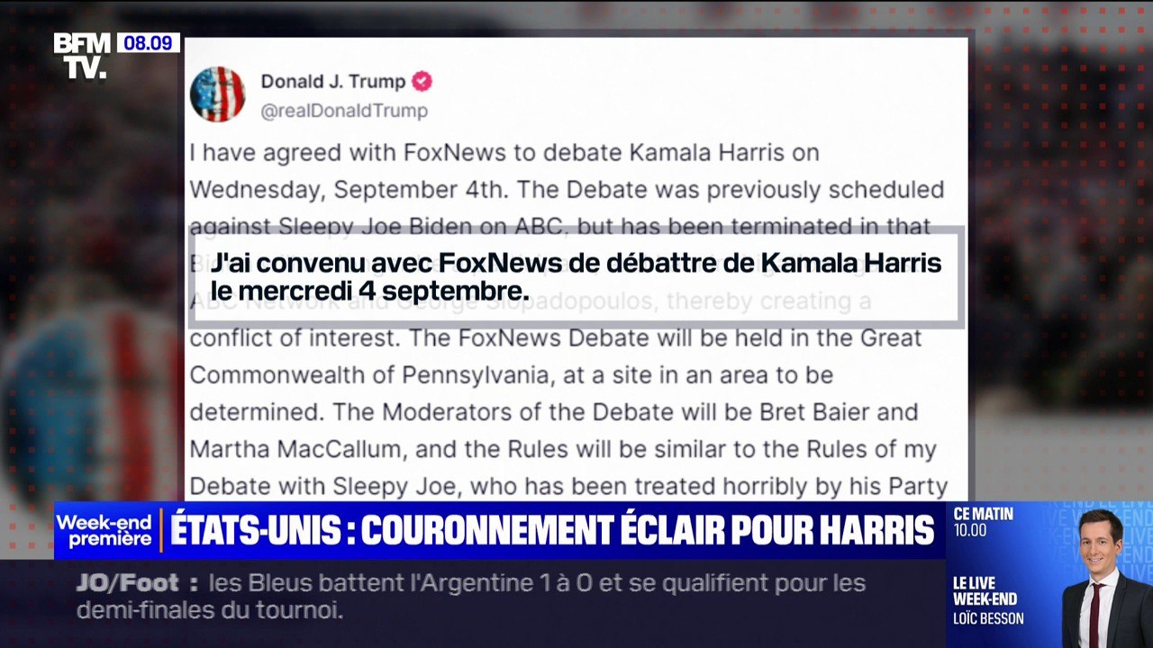 Présidentielle américaine: Donald Trump annonce qu'il va débattre avec Kamala Harris le 4 septembre