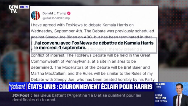 Présidentielle américaine: Donald Trump annonce qu'il va débattre avec Kamala Harris le 4 septembre