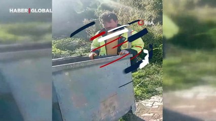 İşçilerin dikkati bir can kurtardı: Çöp konteynerine atılan kaplumbağaya yardım eli