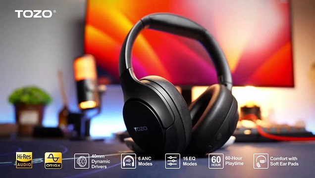 Amazon.com- TOZO HT2 Hybrid Active Noise Cancelling Headphones, Wireless Over Ear Bluetooth Headphones, 60H Playtime, Hi-Res Audio Custom EQ via App Deep Bass Comfort Fit Ear Cups, for Home Office Travel - Electronics