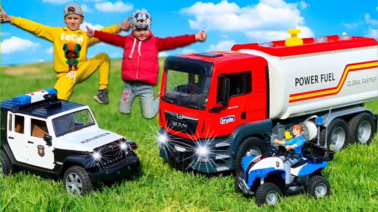 Cars Concrete truck Bruder fuel truck and police car Alex play with new toys