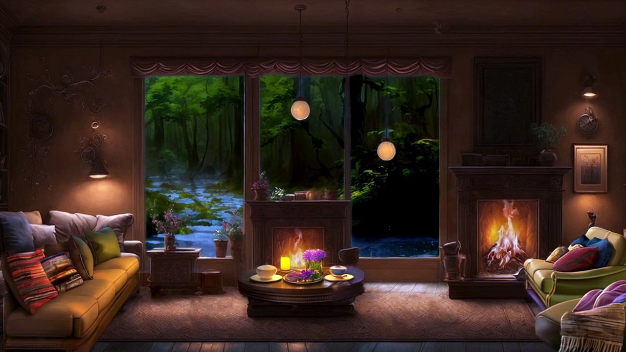 Rain in Cozy Cabin with Warm Fireplace and Gentle Rain on Lakeside to Relaxation, Study and Sleeping