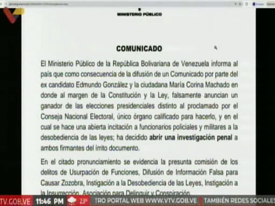 MP de Venezuela abre investigación penal contra Edmundo González y María Corina Machado