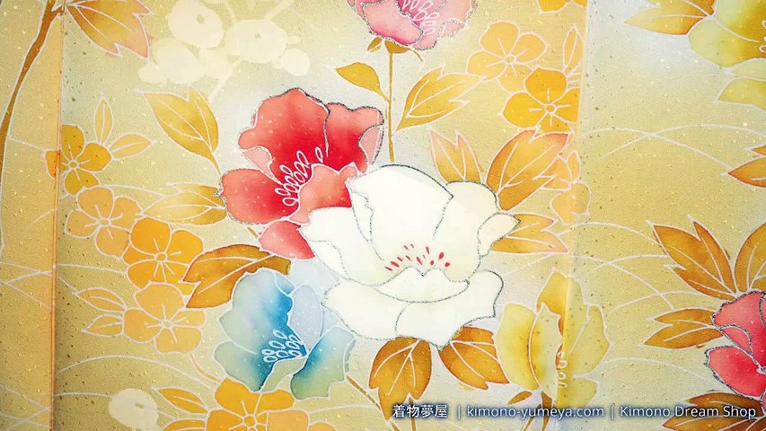 Yellow Vintage Tsukesage with Hand Painted Kyo-Yuzen Blue