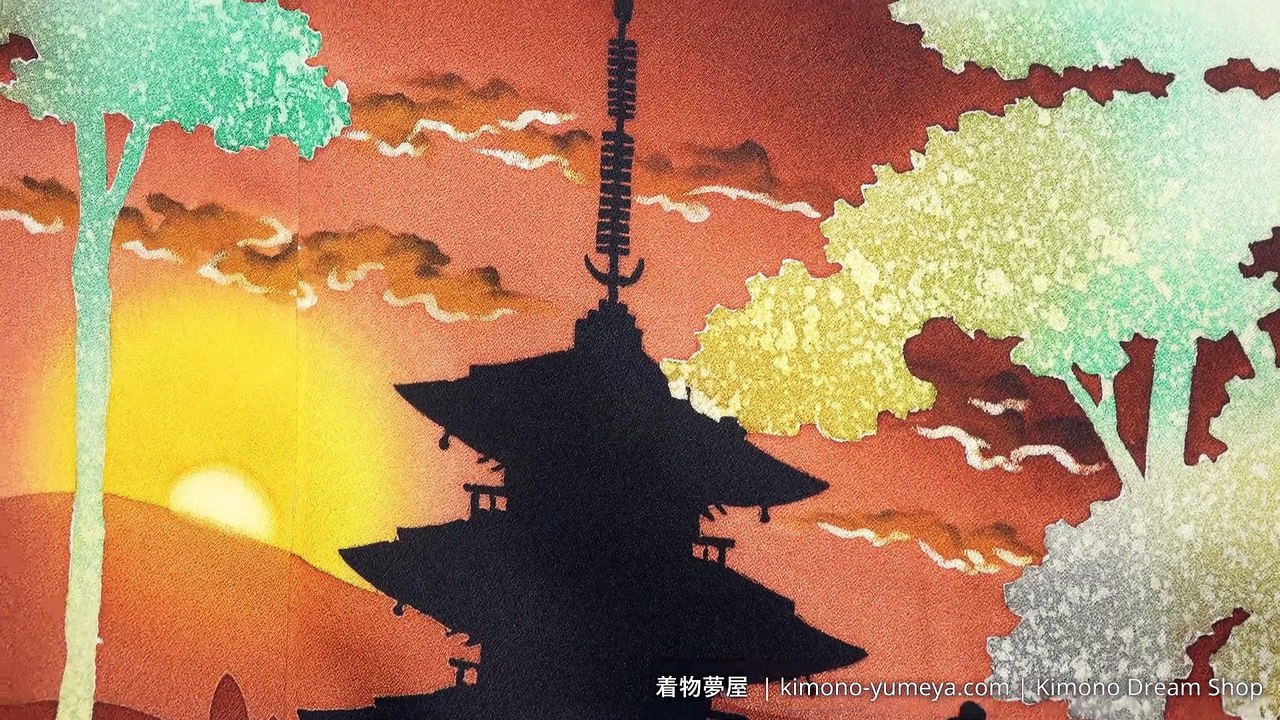 Pagoda in the Mountains Orange & Brown on Yellow Houmongi - Hand Painted Sunset Scenery Peeking Through Forest  - Vintage Silk Women's Kimono