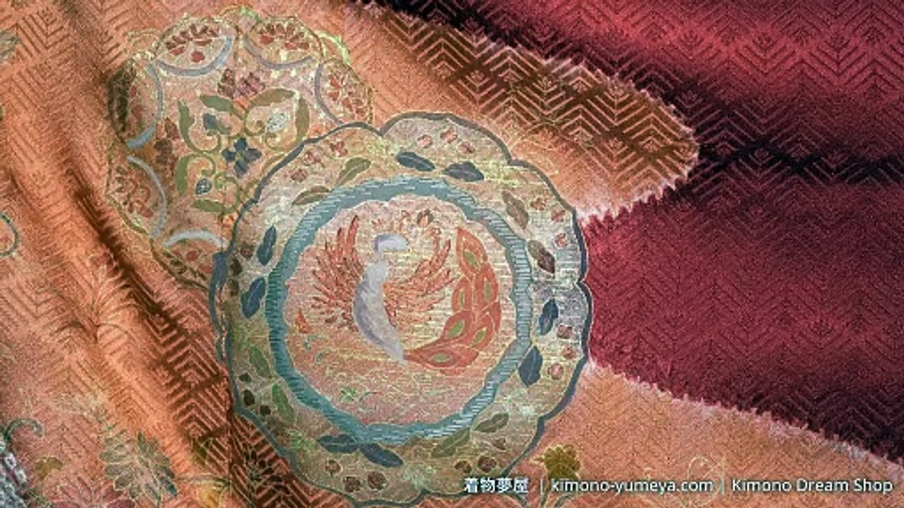 Deep Red & Light Brown Vintage Women's Houmongi with Hand Painted Phoenixes in Circles, Shibori Kanoko River  - Soft High Quality Rinzu Silk