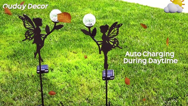 Ouddy Decor 2 Pack Solar Fairy Garden Decor, Metal Fairy Statues with Crackle Glass Globe Solar Garden Lights Outdoor Silhouette Waterproof for Lawn Patio Yard Pathway Gardening Gifts