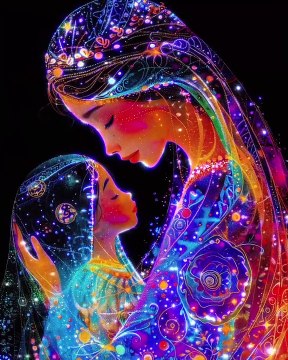 Under the jeweled dome of night,Mothers with their children hold tight.From every corner of the earth,Their love a bond of pr...orth.In twilight’s glow, cultures blend,Their tender touch, hearts to mend.Dreams painted in colors so bright,Together th