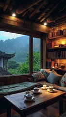 Escape to a luxurious oasis on a stormy day. This stunning room is the epitome of coziness, with large windows showcasing the intense thunderstorm outside.