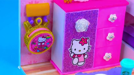 DIY Miniature House Making a Hello Kitty Pink Bedroom with a Bunk Bed and Makeup Set from Polymer Clay