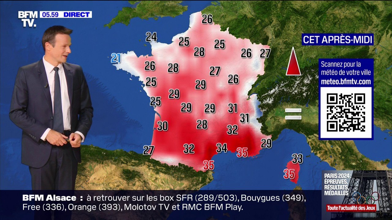 Quelques ondées en Normandie, en Aquitaine ou dans la région Rhône-Alpes, mais le soleil s'impose sur tout l'Hexagone avec des températures comprises entre 21°C et 35°C... La météo de ce jeudi 8 août