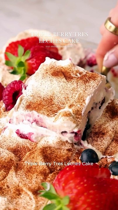 Triple Berry Tres Leches Cake  Ingredients-_•_Sponge Cake-_•_1 ½ cups flour_•_1 cup sugar_•..._ tsp baking soda_•_¼ tsp salt_•_1 cup milk (dairy-free or regular)_•_½ cup vegetable oil_•_2 tsp vanilla extract