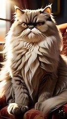 A grumpy Persian cat sits alone on a luxurious armchair