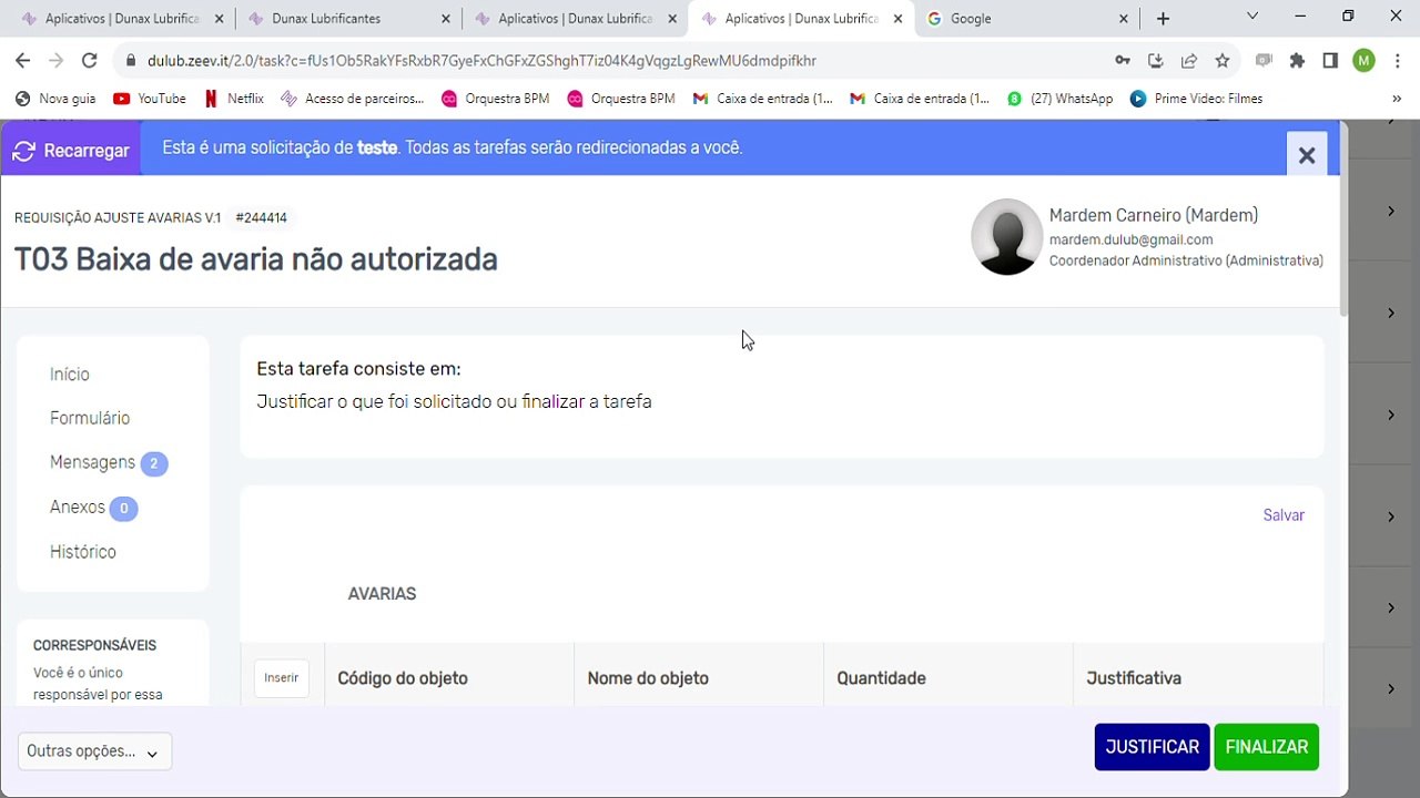 Solicitação Baixa de avaria DP V3